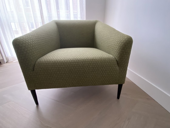Image 1 of Sijben armchair in moss green fabric with matte black steel legs.