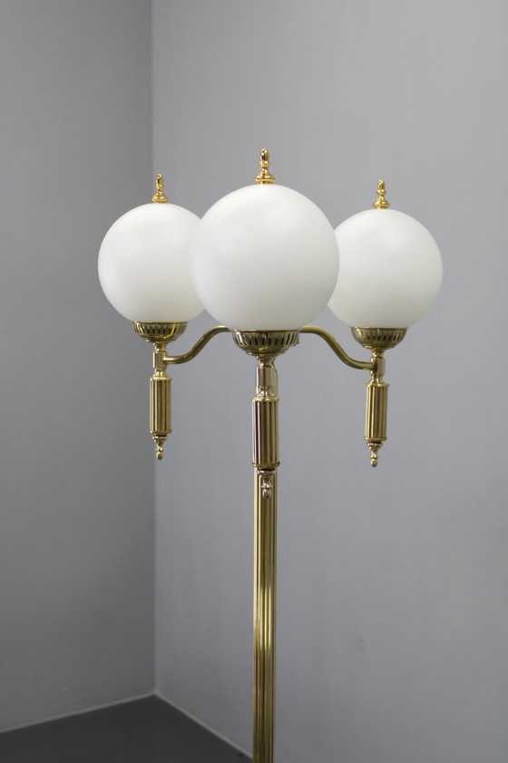 Image 1 of 1970s Czechoslovak Floor Lamp in Brass with Milky Glass Shades
