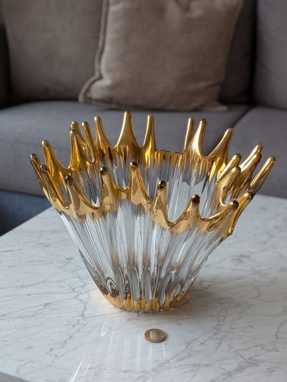 Spectaculaire Murano-stijl glazen "Splash" schaal met gouden reflecties, Vazen, Gold (foto 3 van 9)