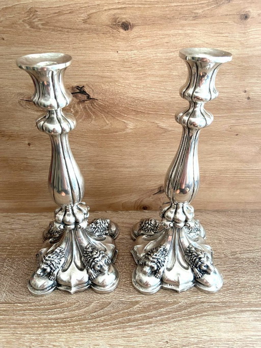 Antique Pair of Massive Silver Candleholders Unicorn Hallmark Early 19th century