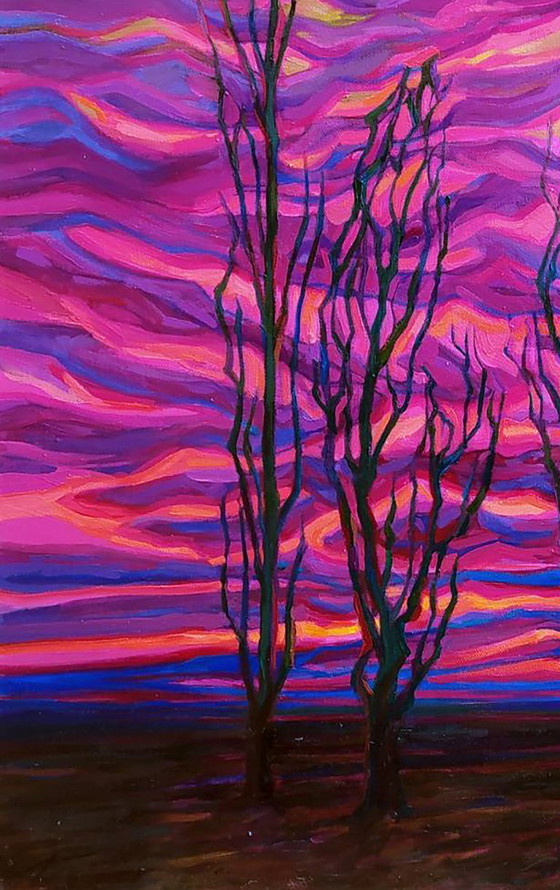 Peinture à l'Huile Originale Expressionnisme Paysage Lueur du Coucher de Soleil – Peintures et dessins, Canvas (photo 4 of 5)