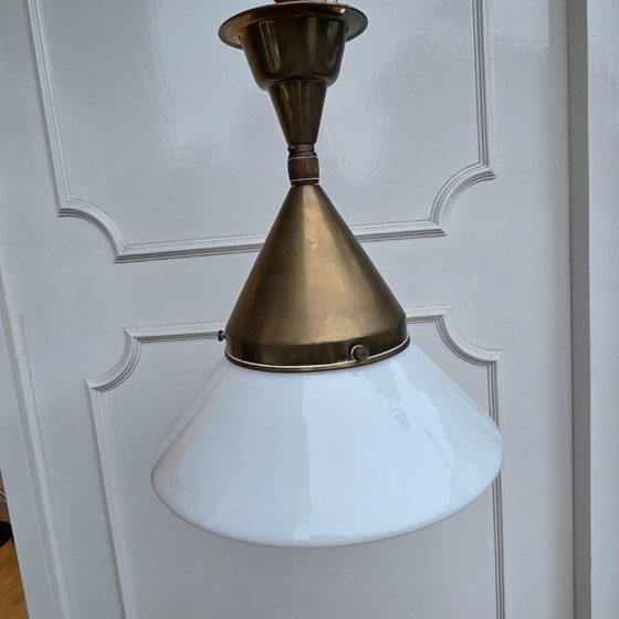 Image 1 of Brass, Opaline Glass Pendant Light 1920's
