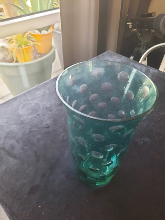 Image 1 of (W014) Vaso vintage in vetro artistico a pois turchesi: fascino bohémien di metà secolo!