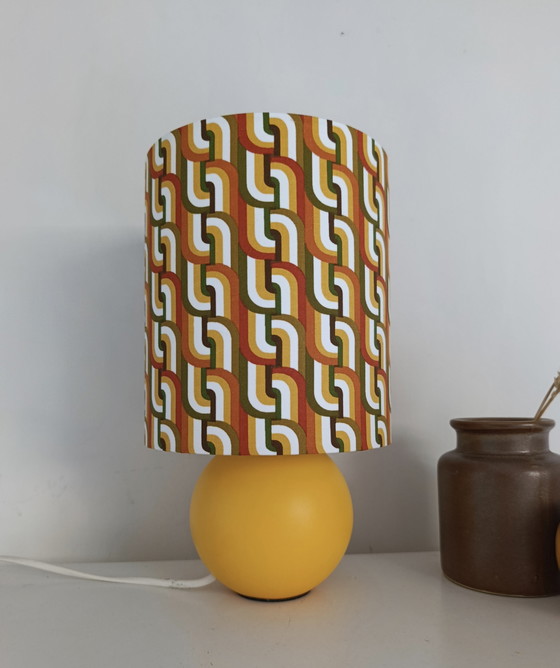 Image 1 of vintage lamp with green/yellow graphic print, seventies