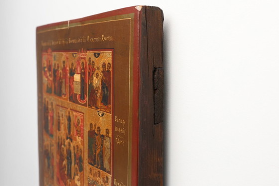 Image 1 of 19th-Century Russian Religious Icon of the Twelve Great Feasts, Hand-Painted on Wood