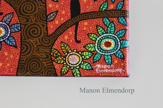 Image 1 of Uniek Handgeschilderd Schilderijtje Katten in Boom 30x18 cm 