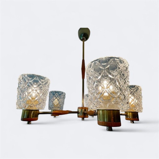 Mid-Century Swedish Chandelier in Teak, Brass & Pressed Crystal — 1960s Scandinavian Lighting