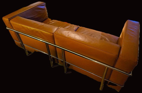 Vintage 2-Zitsbank In Cognac Leder – Le Corbusier LC2-Stijl – Designklassieker – Fauteuils, Metal, Leather (photo 3 of 5)