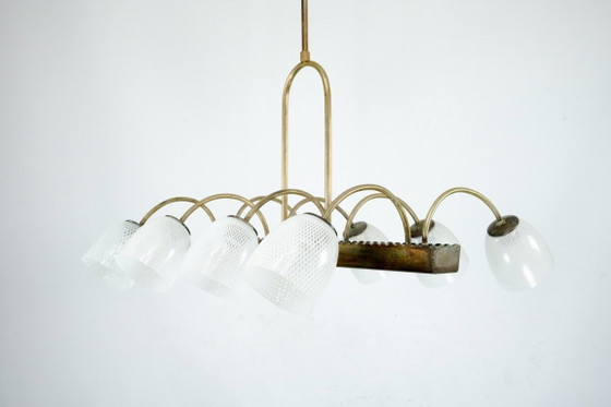 Image 1 of Kroonluchter van Venini Reticello-glas uit het midden van de 20e eeuw, met 8 armen, Murano, Italië, jaren 1940.