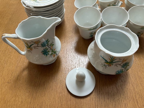 Image 1 of 26-piece coffee/tea service with Bird of Paradise design in Sologne porcelain