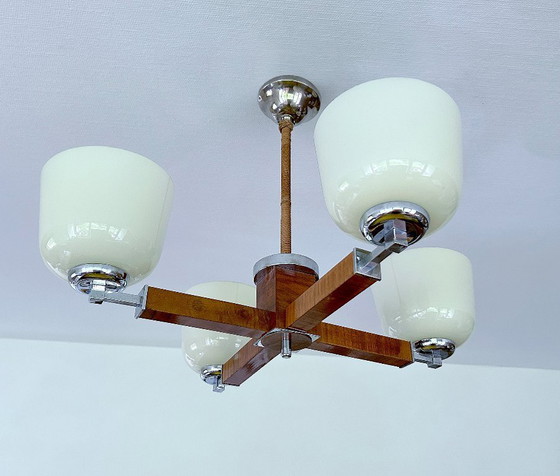 Image 1 of Lampe pendante Art Déco en bois et verre chromé