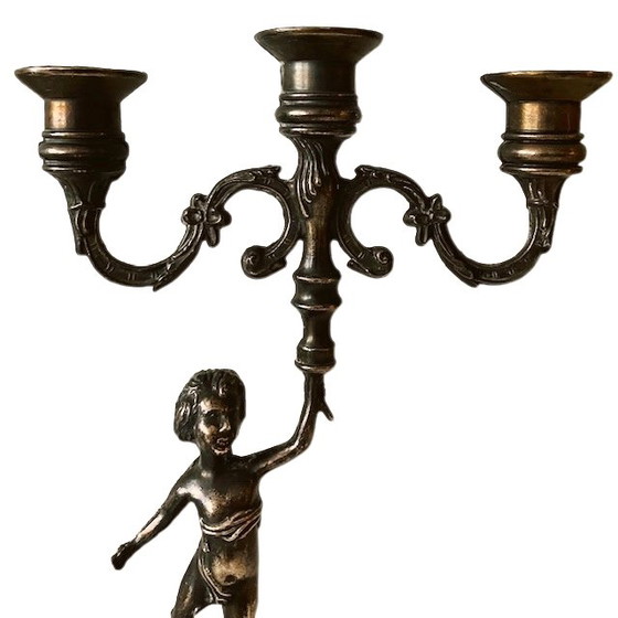 Image 1 of Vintage zware messing Putti Cherubijn 3-armige kandelaar 1960's