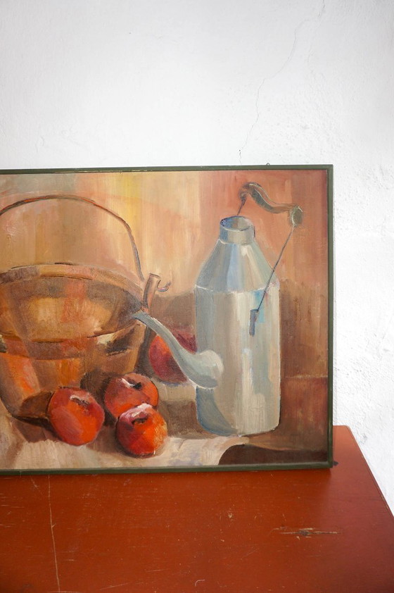 Image 1 of original 1960s oil still life painting * midcentury folk art kitchen scene with apples, basket and enamel jug * rustic eastern e