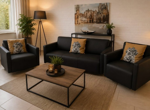 Volledig lederen designbank, sofa, fauteuil, zitset, 3-delig, zwart, hoge kwaliteit – COR, 3 5 zitsbanken, Leather
