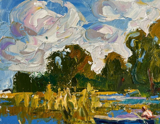 Image 1 of Original Oil Painting Summer Nature Landscape A boat ride along the river
