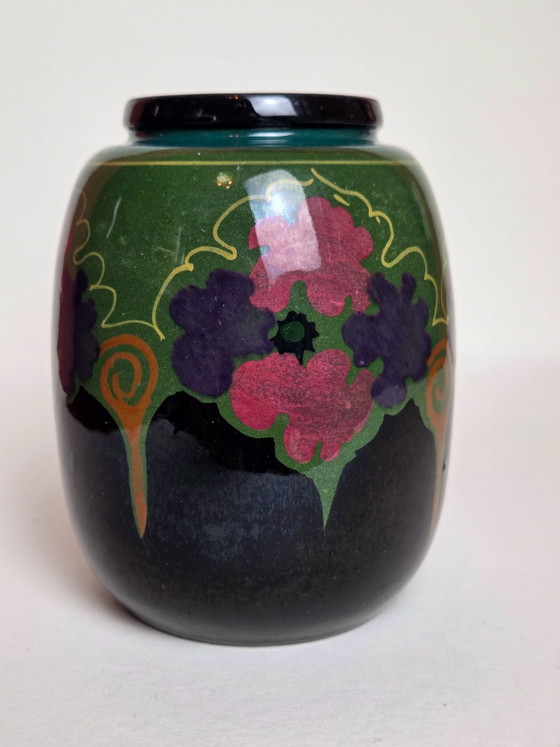 Vaso / Piccolo Barattolo Antico 'Ivora' in Ceramica di Gouda (Art Déco, c. 1920), Vasi, Multicolore (foto 3 di 7)