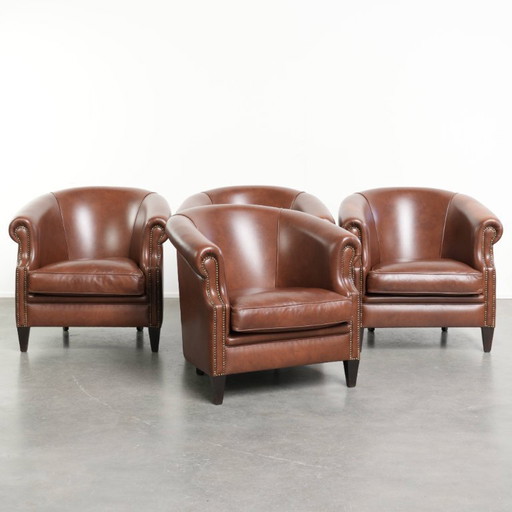 4 poltrone club in pelle bovina in stile inglese color cognac scuro