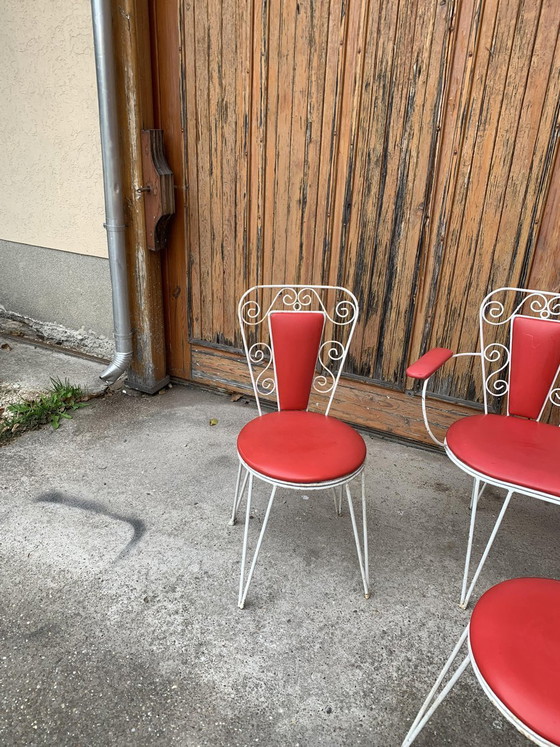 White Metal & Red Leatherette Garden Set, 1968, Set of 4, Mid Century Modern (photo 2 of 9)