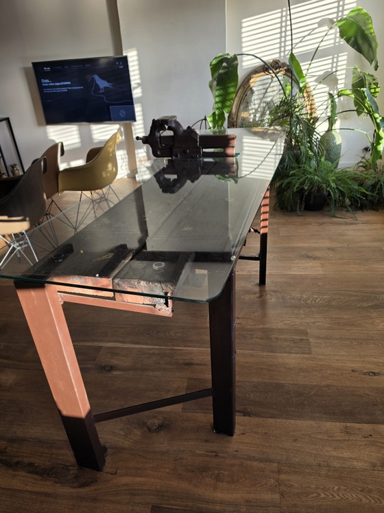 Image 1 of Authentic industrial workbench / dining table with original vise – approx. 100+ years old