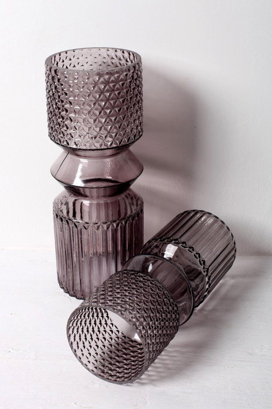 Image 1 of Set of 2 Smoky Purple Glass Vases / Mid-Century Modern Italian Decor / 1990s