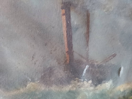 Image 1 of Oud, groot olieverfschilderij op canvas, zeegezicht, gesigneerd 1965.