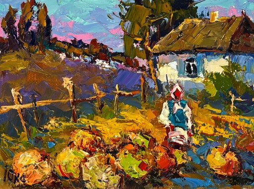 Dipinto ad olio originale Paesaggio rurale autunnale Vita di campagna Zucche in giardino