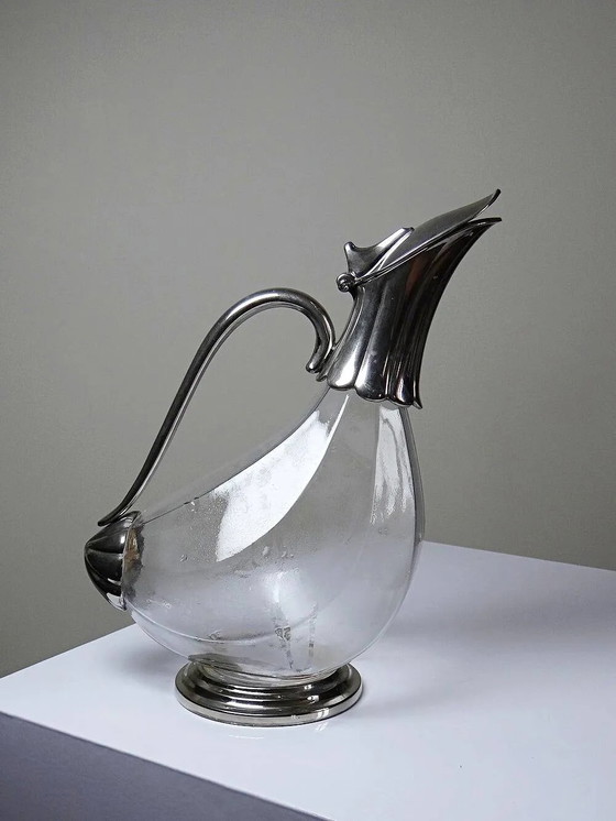 Vintage glass and silver-plated metal jug, modernist pitcher/carafe from ., Glass & Decanter, Transparent (photo 14 of 14)