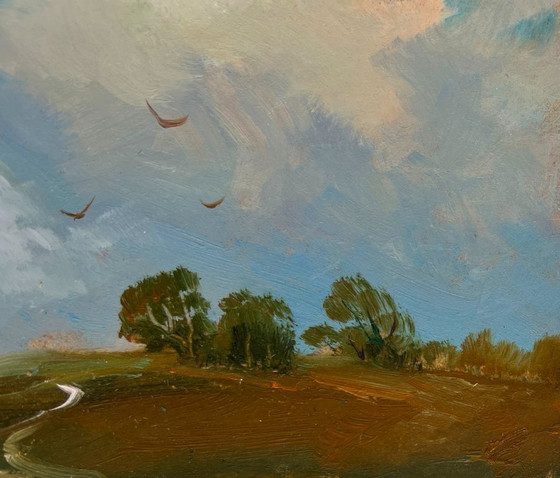 Image 1 of Original Oil Painting Summer Field Landscape Birds flying home