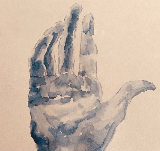 Image 1 of Monochrome blue watercolor of Auguste Rodin's statue "The Hand Reveals Man"
