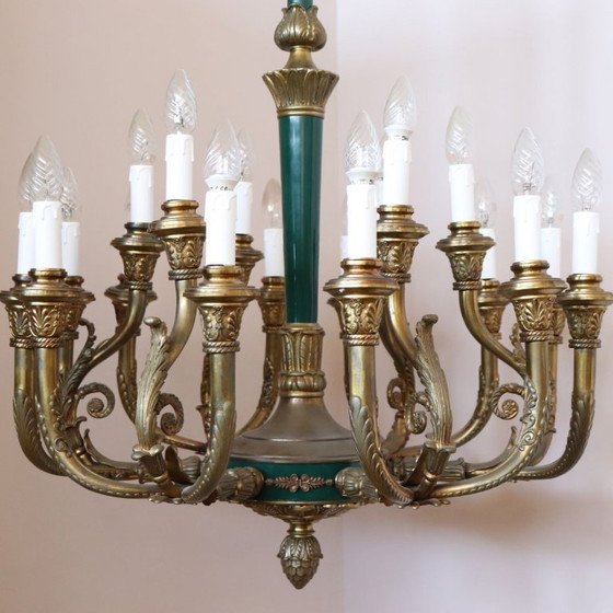 Chandelier in Gilded Bronze and Green Lacquered Metal 18 Bulbs, Italy Early 20th Century (photo 13 of 18)