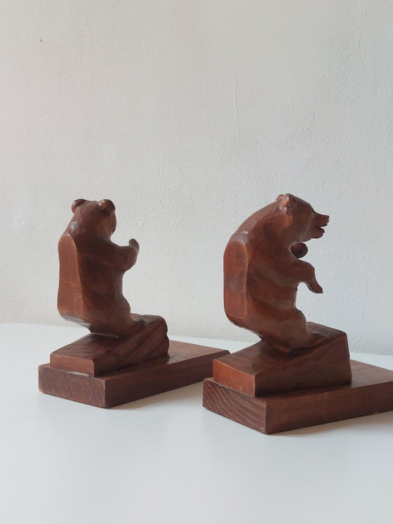 Image 1 of Paire de serre-livres anciens sculptés à la main, sculpture d'ours