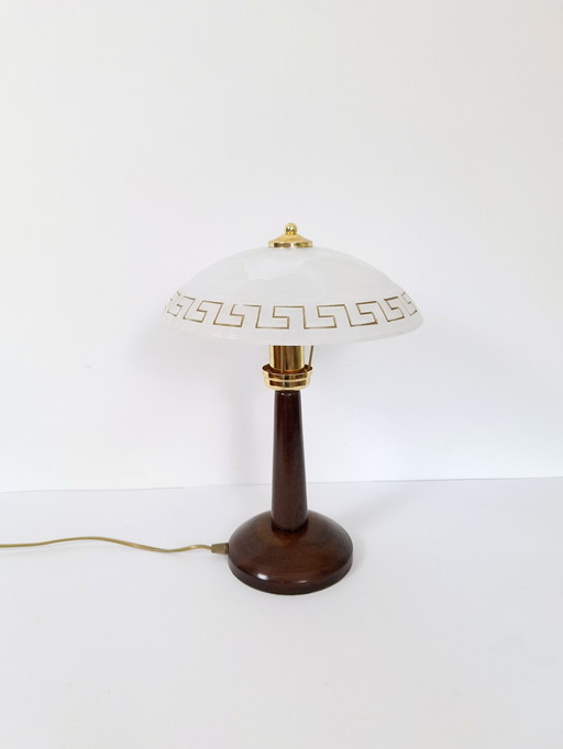 Vintage 90s Table Lamp / Wood & Brass Base / Frosted Glass Shade with Greek Key / Minimalist Neoclassical Bedside or Desk Light