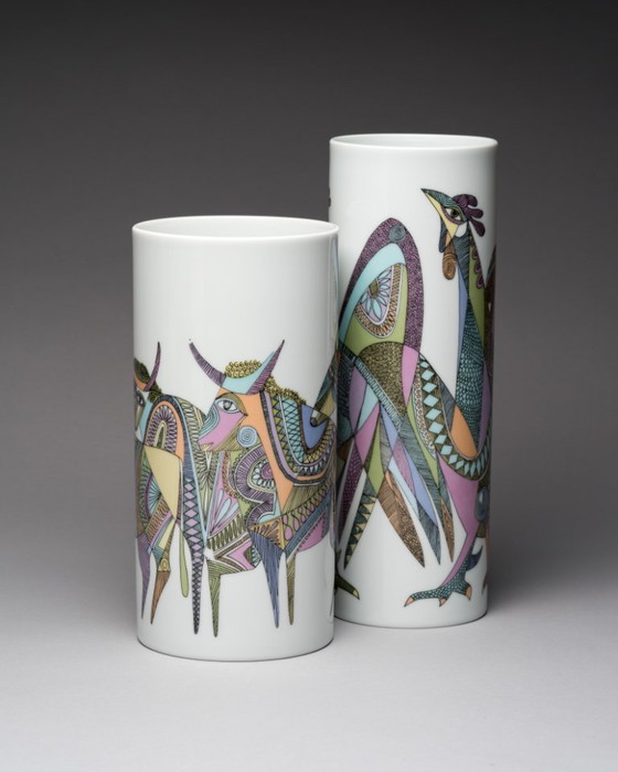 Image 1 of Rosenthal “Bulls” & “Roosters” Designer Vase Duo Cuno Fischer & Bjørn Wiinblad