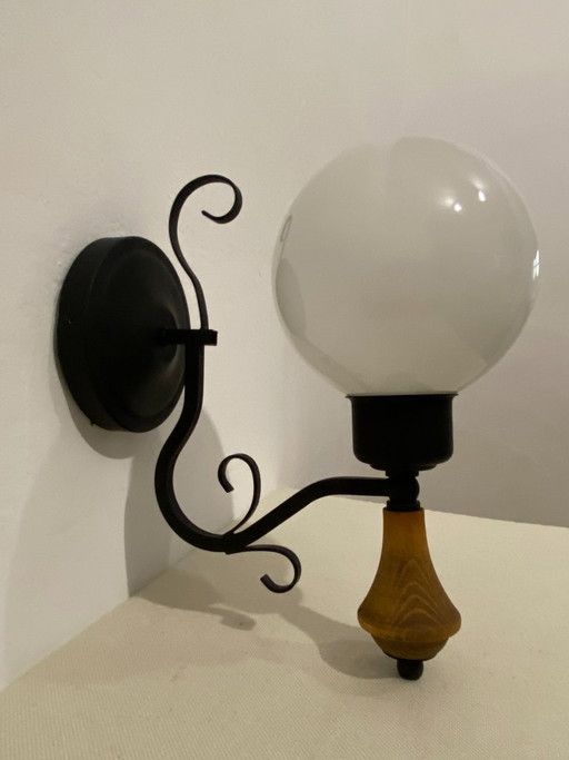 Vintage Opal Glass Globe Wall Lamp with Wood Detail, 1970s