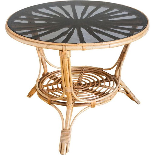 Vintage Tisch aus Rattan und Rauchglas Frankreich 1970er