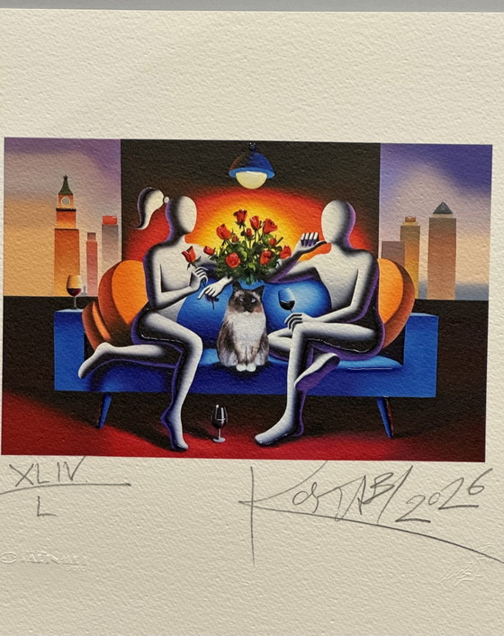 Quadro serigrafia M. Kostabi 40x34 between us, pop, moderno in cornice – Litografie e stampe, Paper, Wood (photo 2 of 6)