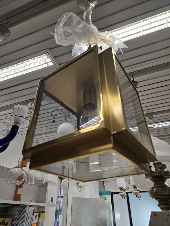 Image 1 of Lampadario Lanterna Vintage in Ottone e Vetro - Design Anni '70/'80