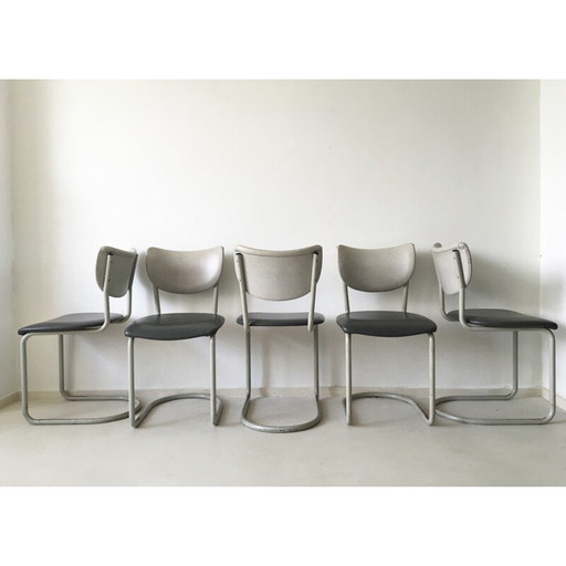 Set di 10 sedie Gispen in similpelle grigia, Fratelli DE WIT - anni '50
