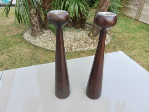 Paire de grands bougeoirs scandinaves en bois, vintage, 70's