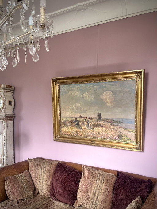 Grande paesaggio danese firmato ca. 1910 – Børge Nyrop – olio su tela – cornice originale dorata