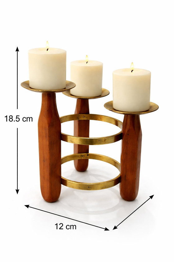 Image 1 of Teakhouten en messing kandelaar met 3 lampen uit het midden van de 20e eeuw – Deens modern – jaren 60