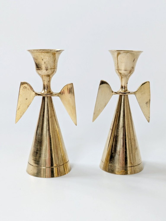 Image 1 of Coppia di portacandele vintage a forma di angelo in ottone, decorazioni natalizie in stile moderno di metà secolo