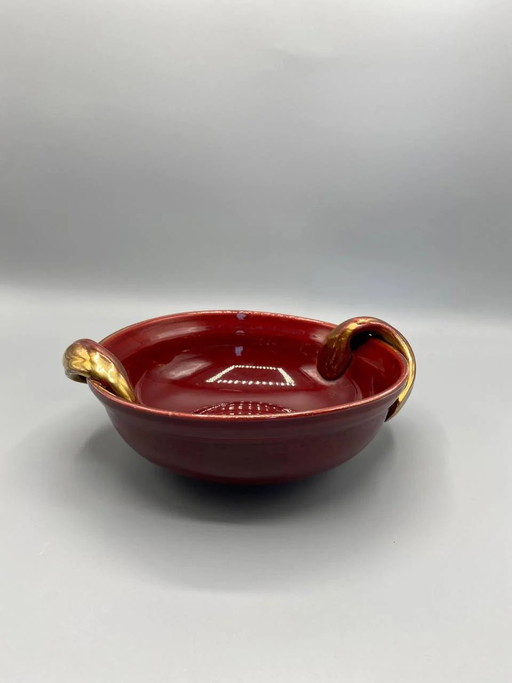 Ciotola in ceramica color rosso bordeaux con manici dorati, centrotavola vintage – servies