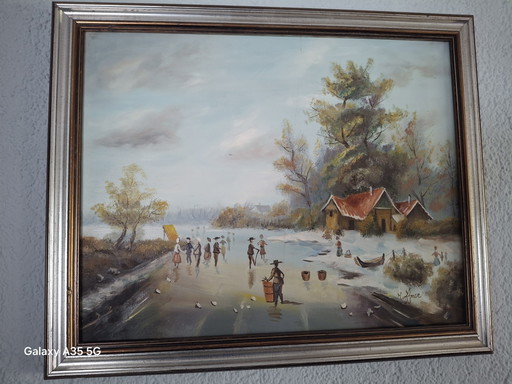 Oud olieverfschilderij, winterlandschap / schaatsers, gesigneerd Hoffmann, met lijst.