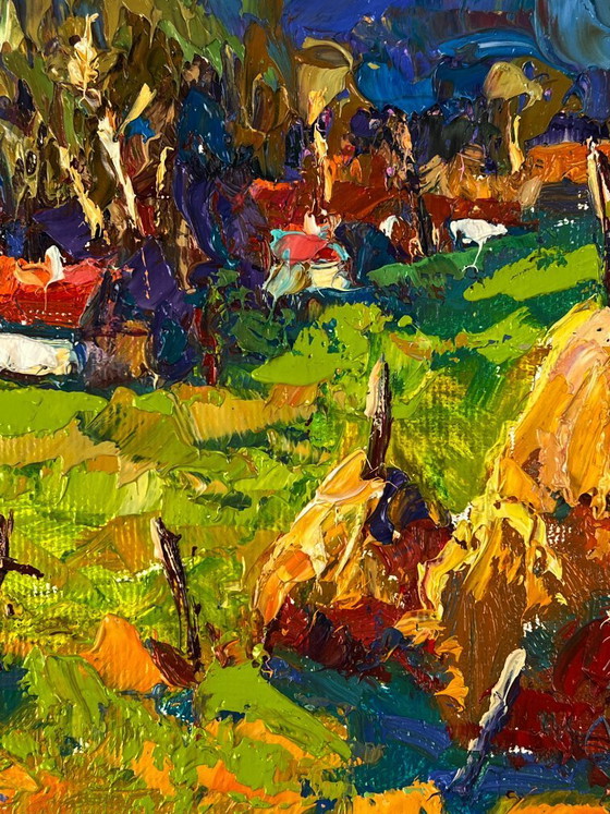 Image 1 of Dipinto ad olio originale Paesaggio rurale Natura Covoni di fieno fuori dal villaggio