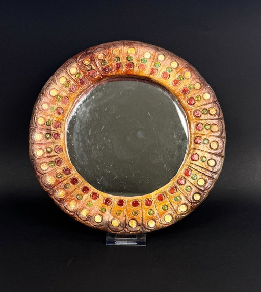 Round wall mirror in glazed ceramic, in the style of Roland Zobel (1915-2006)