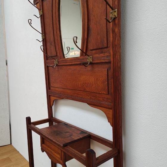 Image 1 of Porte-manteau ancien, porte-manteau sur pied avec miroir, mobilier d'entrée