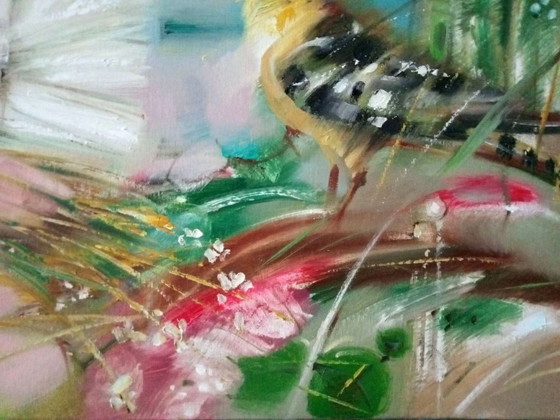Original Oil Painting Abstract Expressionism Figurative Girl Bird Summer Day – Paintings & Drawings, Canvas (photo 4 of 10)