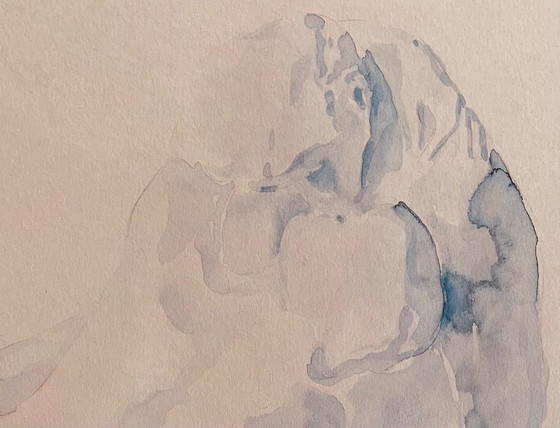 Image 1 of Monochrome blue watercolor of the statue "The Kiss" by Auguste Rodin