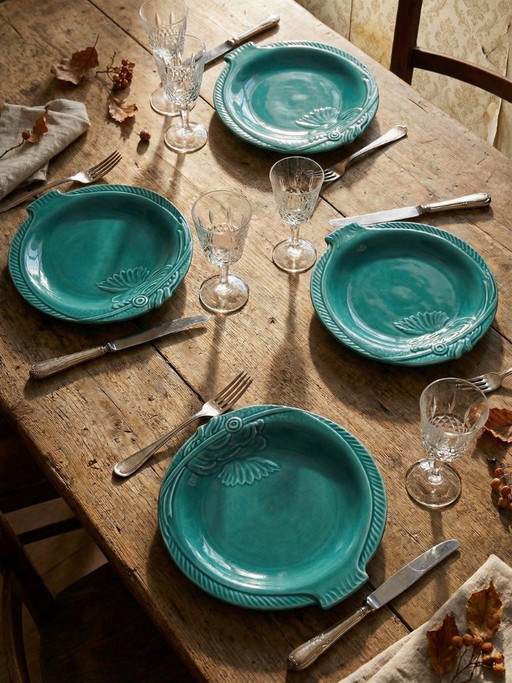 Set of 5 vintage turquoise earthenware fish plates from the 1960s-70s